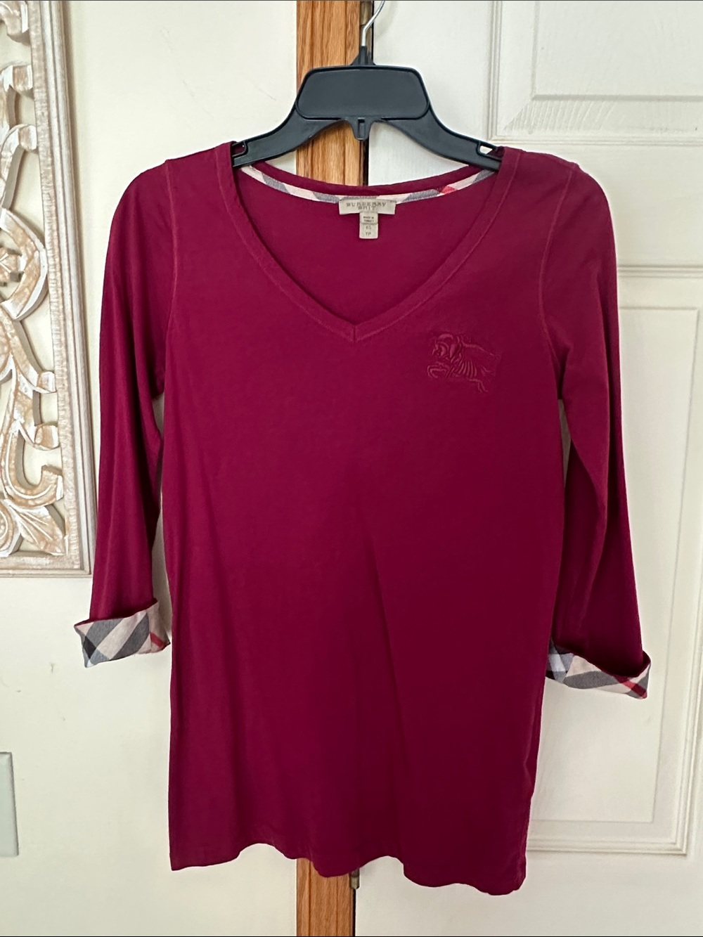 Burberry Brit V-Neck Long Sleeve Top in Deep Berry . Check Cuffs /Iconic logo .